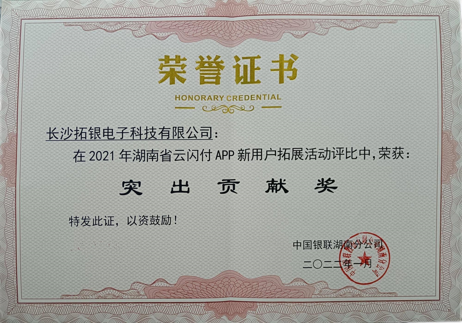 突出贡献奖（湖南银联）